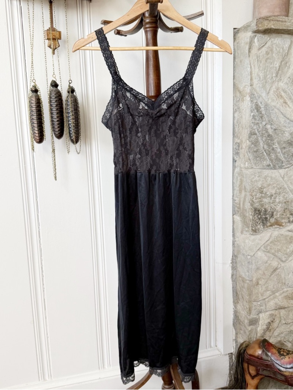 Vanity Fair Vintage Black Lace Bodice Slip Dress